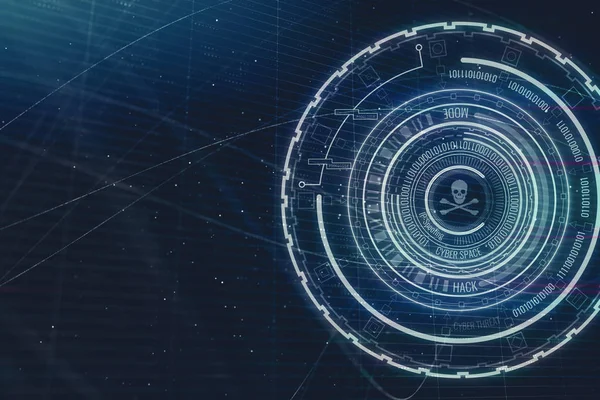 Parlak yuvarlak dijital kafatası ve kemik arayüzü arka plan geçti. Web saldırı, hacker ve bilgi. 3D render 
