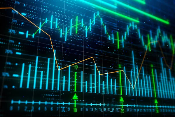 Yatırım, ticaret ve büyüme kavramı. Yaratıcı parlayan forex grafik arka planı. 3D render 