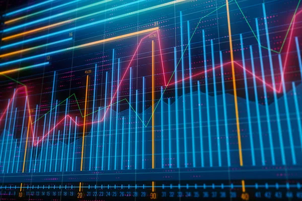 Hisse senedi, ticaret ve yatırım kavramı. Yaratıcı parlayan forex grafik arka planı. 3D render 