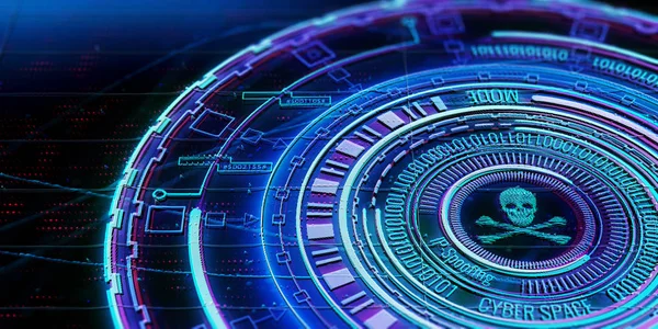 Parlak yuvarlak dijital kafatası ve kemik arayüzü arka plan geçti. Web saldırı, hacker ve virüs bulaşmış. 3D render 