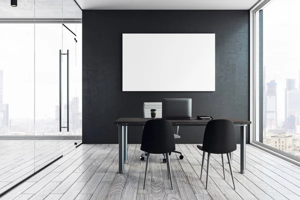 Parlak ofis iç boş poster, işyeri, şehir manzaralı ve gün ışığı. Alay etmek yukarıya, 3d render 