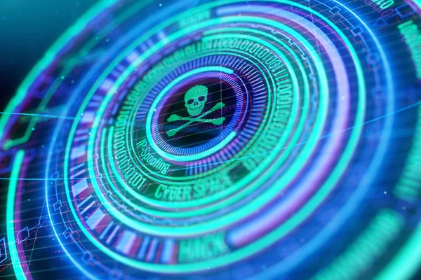 Parlak yuvarlak dijital kafatası ve kemik arayüzü arka plan geçti. Web saldırı, hacker ve yazılım. 3D render 