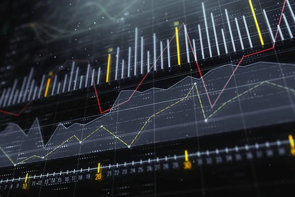 Yatırım, ticaret ve monitör kavramı. Yaratıcı parlayan forex grafik arka planı. 3D render 