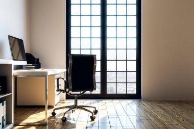 Mobilya, zeminden tavana uzanan pencere, ahşap zemin ve şehir manzaralı modern çalışma alanı. 3D render