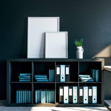 Sabah siyah kitaplık üzerinde beyaz boş resim çerçeveleri. 3D render