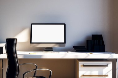 Beyaz boş monitör ekran beyaz bir duvar karşı. 3D render