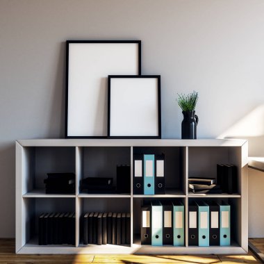 Sabah beyaz kitaplık üzerinde beyaz boş resim çerçeveleri. 3D render