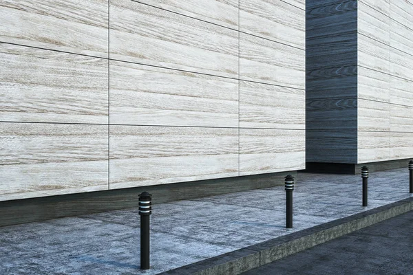 Large blank modern street concrete wall with lights on sidewalk. 3D render