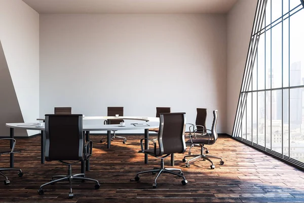 Beyaz duvar ve sabahları ahşap flooor modern tek oda. 3D render