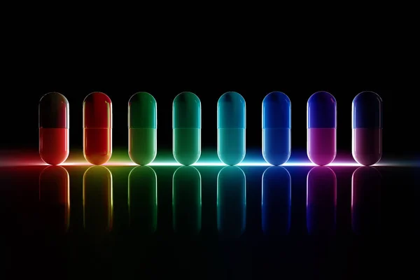 Neon Pillen Mit Schwarzem Hintergrund Darstellung — Stockfoto