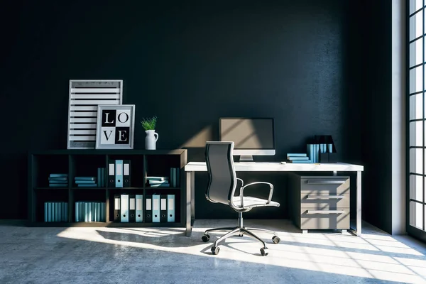 beton zemin ve zemin tavan penceresi ile modern daire modern çalışma alanı. 3D render