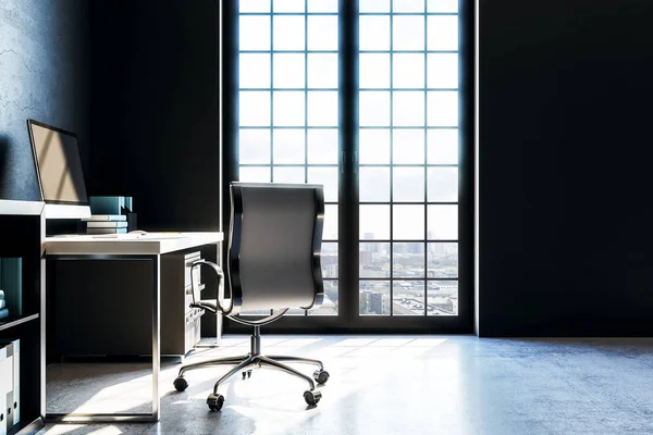 modern workspace with furniture, floor-to-ceiling window, concrete floor and city view. 3D render