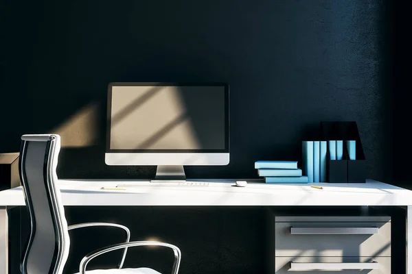 Hipster workspace with computer, white table and accessories. 3D render