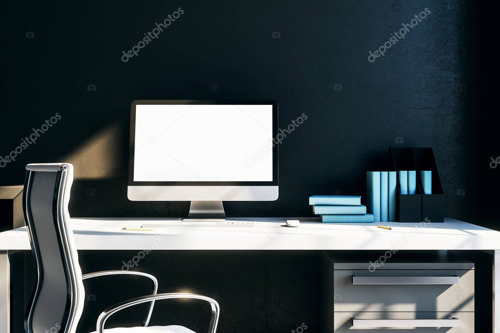 White blank monitor screen on white table. Black wall. 3D render