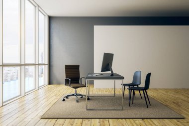 workdesk ve koltuk bej renkli halı ve ahşap zemin ile modern ofis boş beyaz boş büyük afiş. 3D render