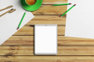 boş beyaz dijital tablet kahve fincanı ve aksesuarları ile ahşap masa üzerinde. 3D render 