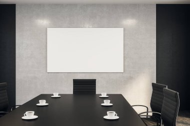 siyah toplantı masa ve kahve konferans salonunda beton duvar üzerine boş beyaz poster. 3D render