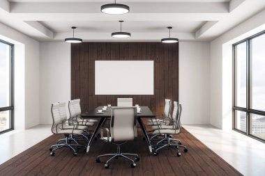ahşap zemin ve windows kat tavan ile modern konferans odasında ahşap duvar üzerine boş beyaz poster. 3D render