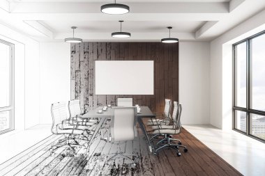 Konferans odası iç kroki toplantı masa, sandalye ve boş beyaz poster ahşap duvar üzerinde. 3D render