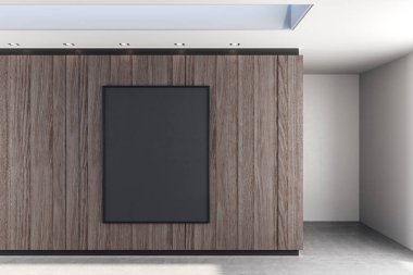 beton zemin ile soyut salonunda ahşap duvar üzerine boş siyah poster. 3D render