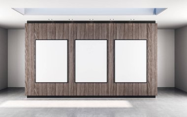 beton zemin ile soyut salonunda beyaz boş beyaz afişlerde üç duvar. 3D render