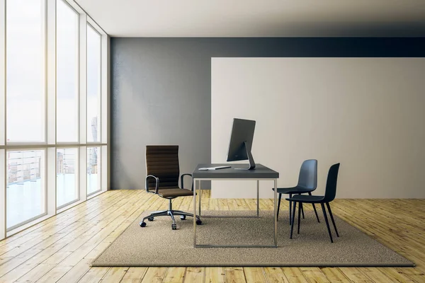 workdesk ve koltuk bej renkli halı ve ahşap zemin ile modern ofis boş beyaz boş büyük afiş. 3D render