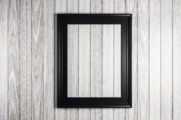 black picture frame on light wooden wall. 3D rendering