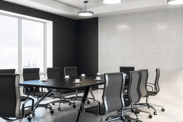 yan görünümü üzerinde siyah toplantı masa ve sandalyeler beton duvar ve zemin ile modern konferans odasında. 3D render