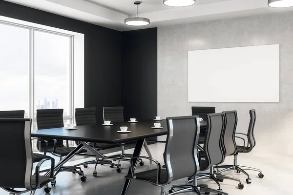 Beton duvar ve windows kat tavan boş beyaz poster ile modern konferans odasında siyah toplantı masasında yan görünüm. 3D render