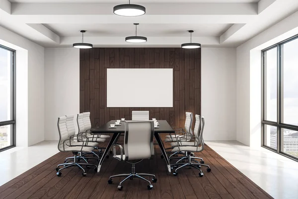 ahşap zemin ve windows kat tavan ile modern konferans odasında ahşap duvar üzerine boş beyaz poster. 3D render
