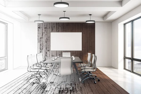 Konferans odası iç kroki toplantı masa, sandalye ve boş beyaz poster ahşap duvar üzerinde. 3D render