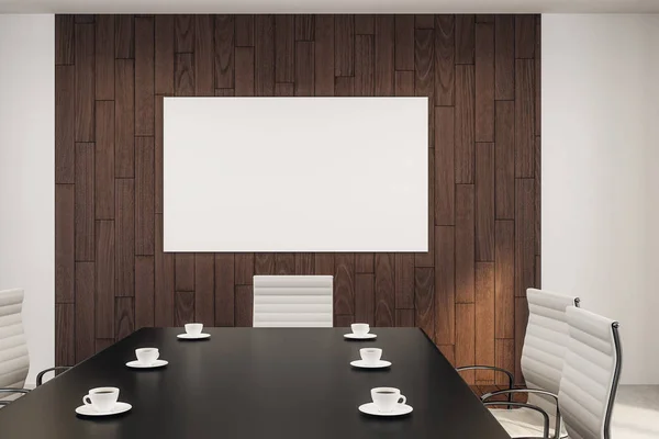Blank White Poster Wooden Wall Conference Room Black Meeting Table — Stock Photo, Image
