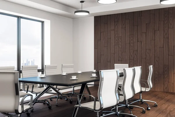 yan görünümü yeni toplantı masa ve sandalye ahşap duvar ve zemin ile modern konferans odasında. 3D render
