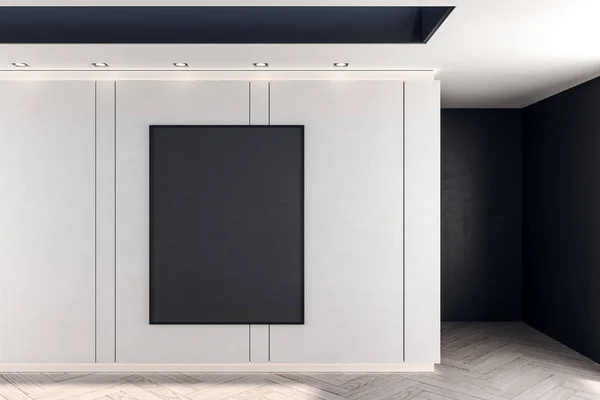 Leeres Schwarzes Poster Weißer Wand Abstrakter Halle Mit Holzboden Darstellung — Stockfoto
