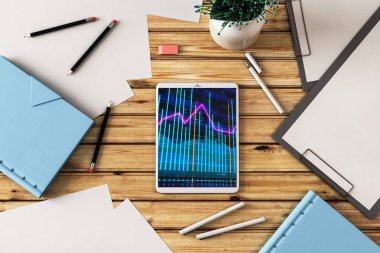 Dijital tablet ekranda mali grafik ile üst görünüm çekim. Online işlem uygulama konsepti. 3B işleme.