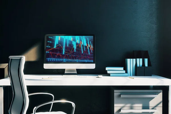 Cabinet desktop interior with financial charts and graphs on computer screen. Concept of stock market analysis and trading. 3d rendering. — Stock Photo, Image