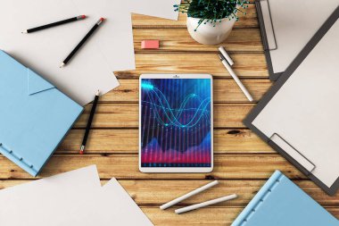 Dijital tablet ekranda mali grafik ile üst görünüm çekim. Online işlem uygulama konsepti. 3B işleme.