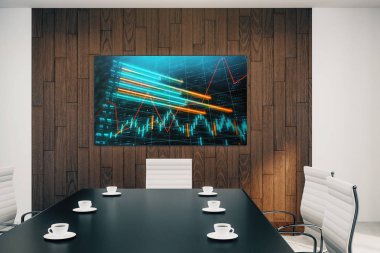 Duvar üzerinde ekran monitörü mali grafik ile konferans odası iç. Hisse senedi piyasası analizi konsepti. 3B işleme.
