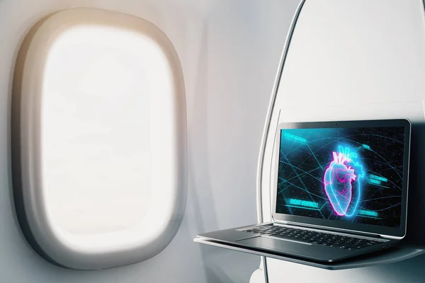 Laptop closeup inside airplane with heart health pic on screen. Medical education concept. 3d rendering.