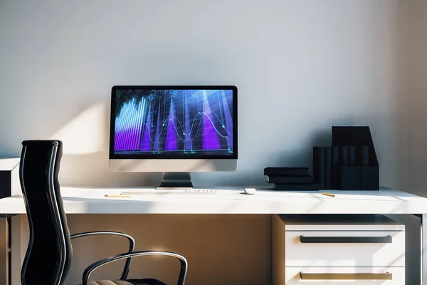 Interior de mesa do armário com gráficos financeiros e gráficos na tela do computador. Conceito de análise e negociação do mercado de ações. Renderização 3d . — Fotografia de Stock