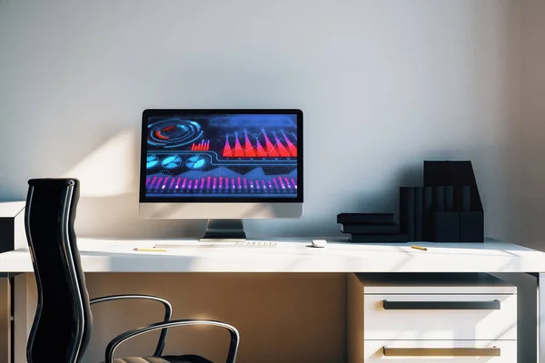 Intérieur de bureau avec ordinateur, table et chaise. Dessin d'affaires à l'écran. Rendu 3d . — Photo