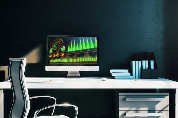 Интерьер рабочего стола с компьютером, столом и стулом. Бизнес рисунок на экране. 3d-рендеринг . — стоковое фото