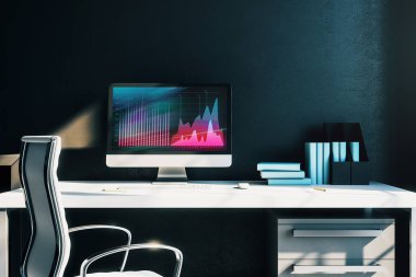 Bilgisayar ekranında finansal grafikler ve grafikler ile kabine masaüstü iç. Hisse senedi piyasası analizi ve ticaret kavramı. 3B işleme.