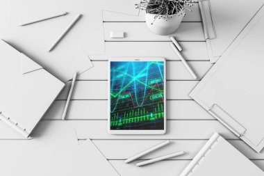 Dijital tablet ekranda mali grafik ile üst görünüm çekim. Online işlem uygulama konsepti. 3B işleme.