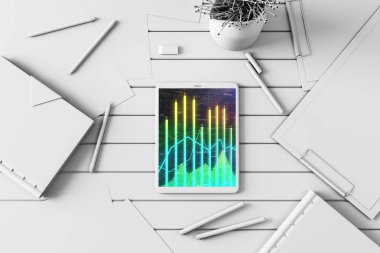 Dijital tablet ekranda mali grafik ile üst görünüm çekim. Online işlem uygulama konsepti. 3B işleme.