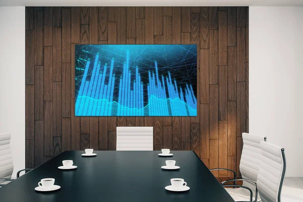 Conference room interior with financial chart on screen monitor on the wall. Stock market analysis concept. 3d rendering. — Stock Photo, Image