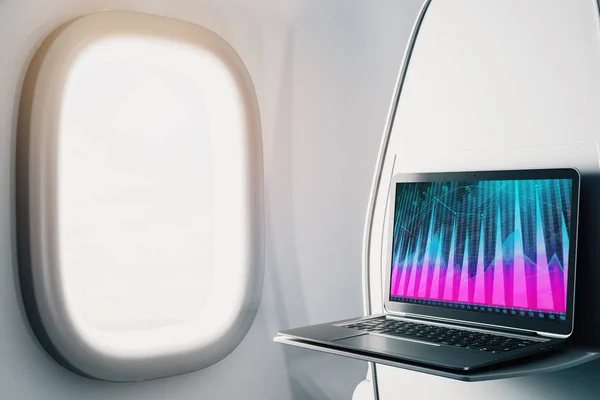 Laptop närbild inuti flygplan med Forex Graph på skärmen. Handelskoncept för finansmarknaden. 3D-rendering. — Stockfoto