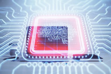 Masaüstü ofis arka plan ile beyin kroki hologramı. Çifte pozlama. Beyin fırtınası konsepti.