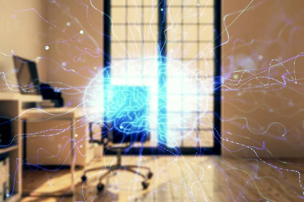 Hologram znak mózgu z minimalistyczne tło szafy. Podwójna ekspozycja. Koncepcja AI. — Zdjęcie stockowe
