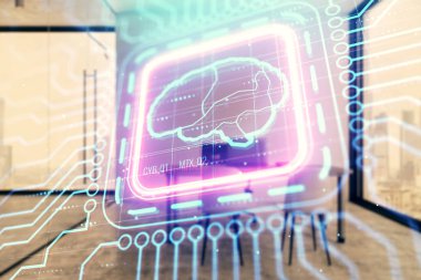 Minimalist dolap arka plan ile beyin işareti hologram. Çift pozlama. Ai kavramı.